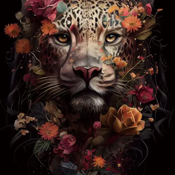 Glasschilderij 80x120cm Panter met oranje bloemen