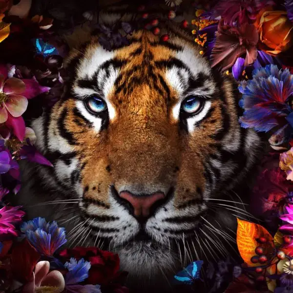 Glasschilderij 160x110cm Tijger met bloemen