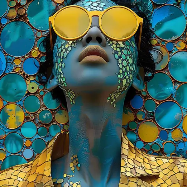 Glasschilderij 160x110cm Blauwe vrouw met gouden bril