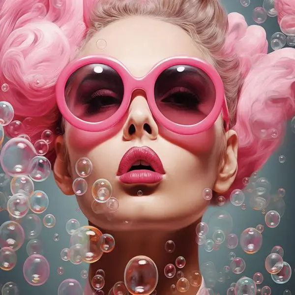 Glasschilderij 80x120cm Roze vrouw met luchtbellen