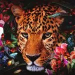 Glasschilderij 160x110cm Panter met bloemen