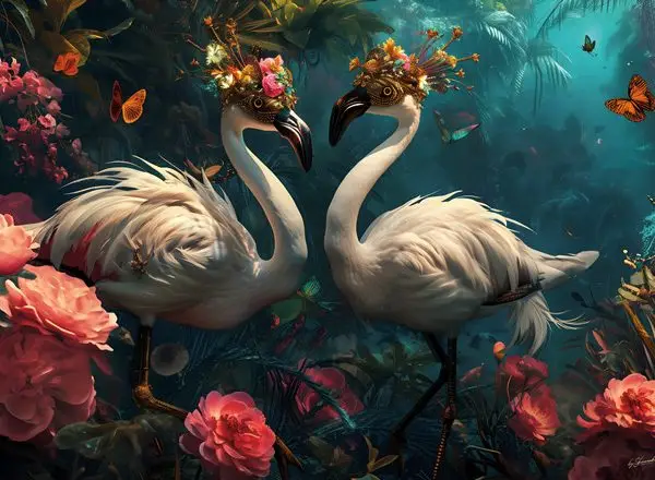 Glasschilderij 160x110cm Flamingo's met masker