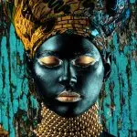 Glasschilderij 160x110cm Vrouw met gouden hoofddoek