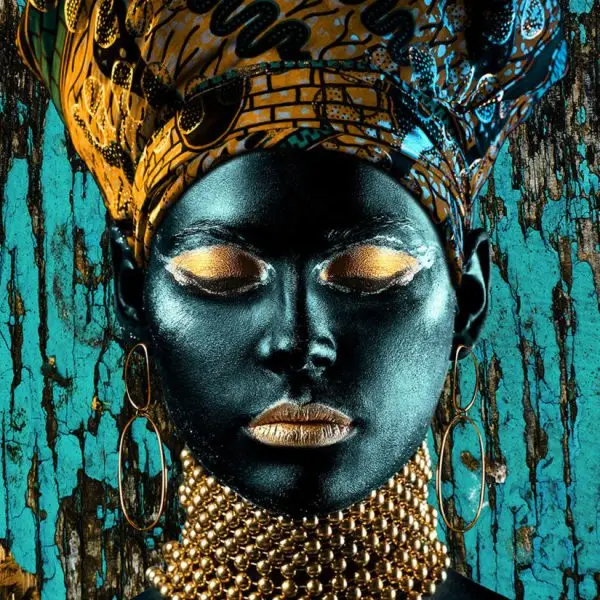 Glasschilderij 160x110cm Vrouw met gouden hoofddoek