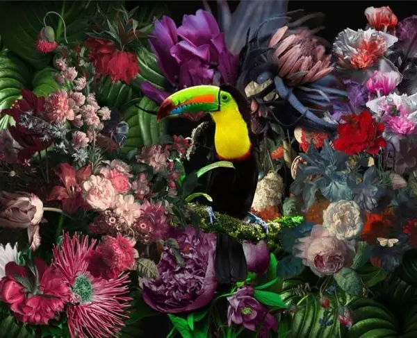 Glasschilderij 120x80cm Toekan in bloemen