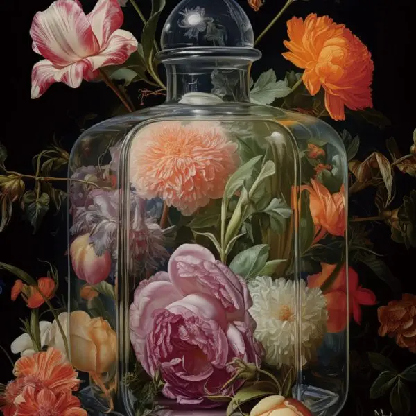 Glasschilderij 120x80cm Bloemenboeket in fles